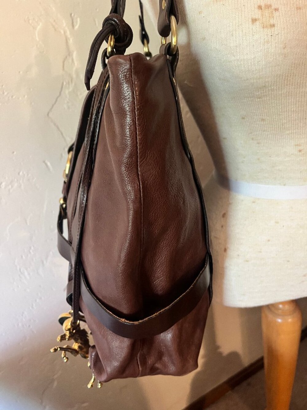 Dark Brown Leather Satchel with Horse and Horseshoe Charms - Picture 2 of 13